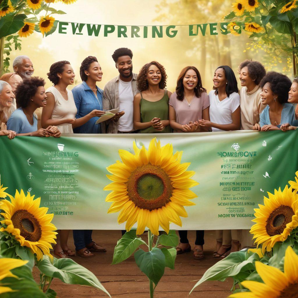 A heartwarming scene depicting a diverse group of people engaged in a supportive community meeting, surrounded by symbols of health like green leaves and sunflowers. Include a large banner reading 'Empowering Lives' in the background and soft, warm lighting to enhance the atmosphere of hope and positivity. Evoke emotions of resilience and unity among individuals of various ages and backgrounds. super-realistic. vibrant colors. uplifting mood.