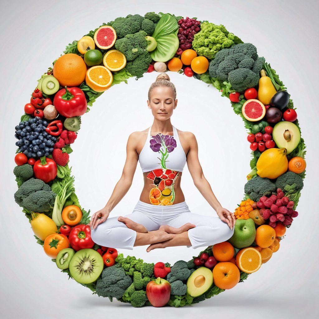An intertwined visual representation of oncology, nutrition, and lifestyle. Include a cancer cell blending into fresh fruits and vegetables, surrounded by elements depicting yoga and mindfulness. Highlight breakthrough treatment options with abstract medical symbols emerging from the mix, creating a sense of harmony and hope. Use a vibrant color palette to emphasize positivity and vitality. super-realistic. vibrant colors. white background.