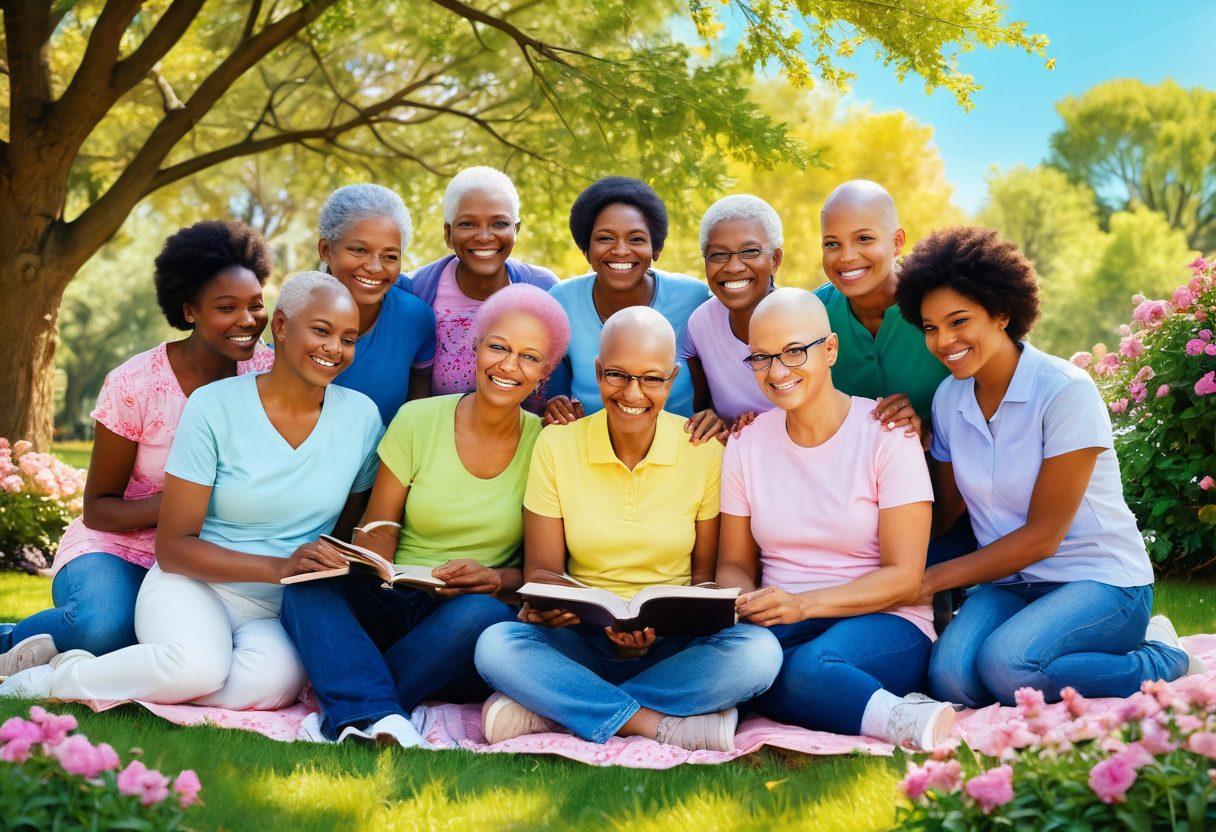 A hopeful scene depicting a diverse group of cancer survivors embracing each other in a sunny park, surrounded by blooming flowers symbolizing new beginnings. Include elements of education, like books and laptops, scattered around, with a soft glow of resilience in the background. Show vibrant colors to evoke optimism and strength. painterly style. bright colors. inspirational atmosphere.